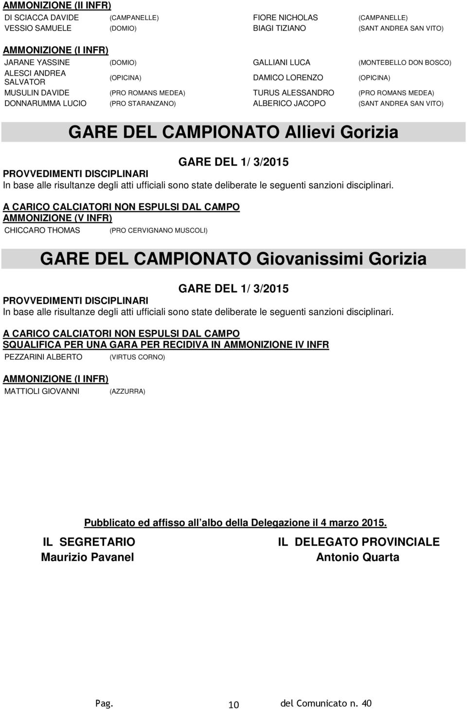 JACOPO (SANT ANDREA SAN VITO) GARE DEL CAMPIONATO Allievi Gorizia GARE DEL 1/ 3/2015 PROVVEDIMENTI DISCIPLINARI In base alle risultanze degli atti ufficiali sono state deliberate le seguenti sanzioni