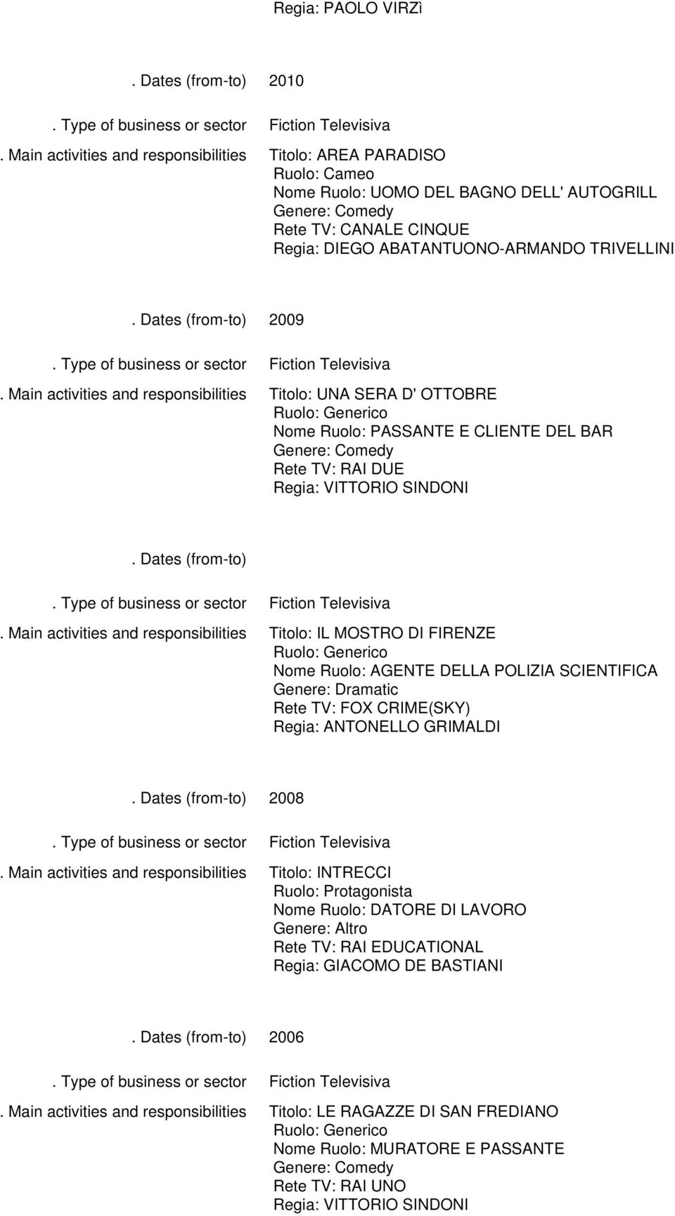 AGENTE DELLA POLIZIA SCIENTIFICA Genere: Dramatic Rete TV: FOX CRIME(SKY) Regia: ANTONELLO GRIMALDI Titolo: INTRECCI Ruolo: Protagonista Nome Ruolo: DATORE DI LAVORO