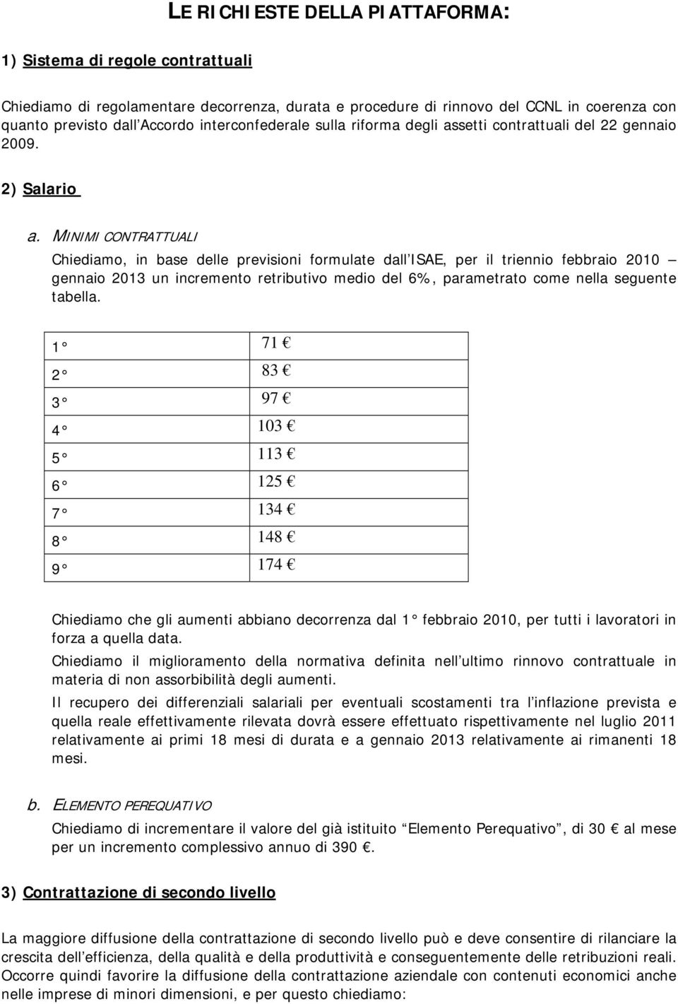 MINIMI CONTRATTUALI Chiediamo, in base delle previsioni formulate dall ISAE, per il triennio febbraio 2010 gennaio 2013 un incremento retributivo medio del 6%, parametrato come nella seguente tabella.