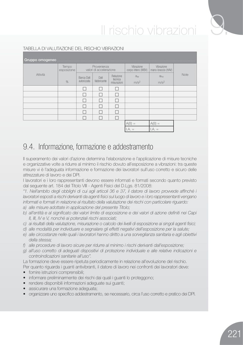 mano-braccio (HAV) a hv m/s 2 Note A(8) = A(8) = I.A. = I.A. = 9.4.