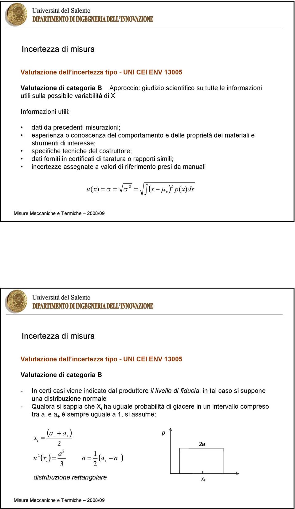 sml; ncertezze assegnate a valor d rfermento pres da manual ( µ u( σ σ p( d Unverstà del Salento Incertezza d msura Valutazone dell ncertezza tpo - UI CEI EV 3005 Valutazone d categora B - In cert