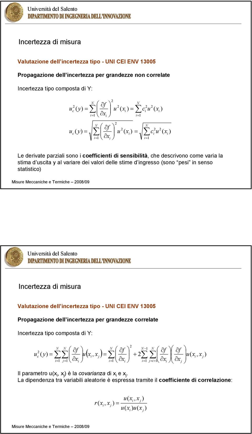 ( ( ( ( ( Incertezza d msura Incertezza d msura Unverst Unverstà del Salento del Salento Valutazone dell ncertezza tpo - UI CEI EV 3005 Propagazone dell ncertezza per grandezze correlate Incertezza