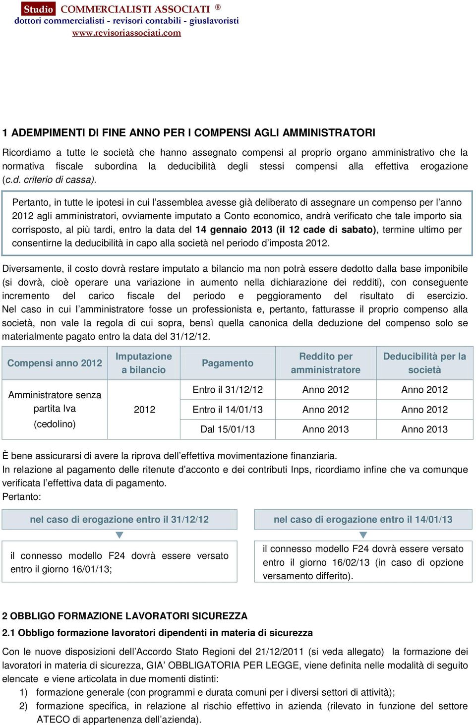 Pertanto, in tutte le ipotesi in cui l assemblea avesse già deliberato di assegnare un compenso per l anno 2012 agli amministratori, ovviamente imputato a Conto economico, andrà verificato che tale