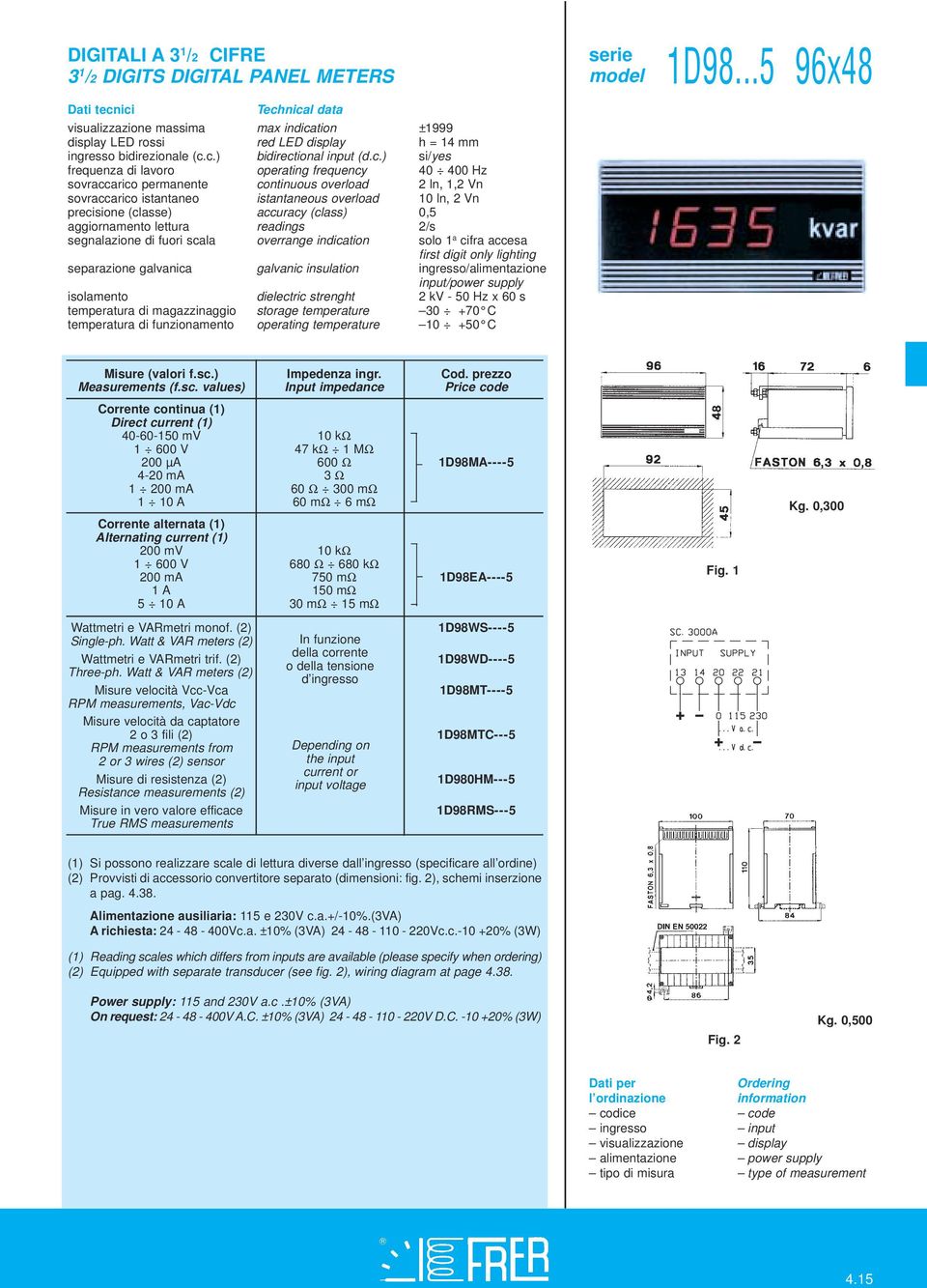 c.) bidirectional input (d.c.) si/yes segnalazione di fuori scala overrange indication solo 1 a cifra accesa first digit only lighting isolamento dielectric strenght 2 kv - 50 Hz x 60 s serie 1D98.