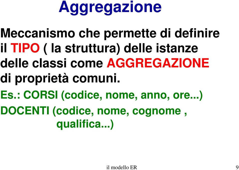 di proprietà comuni. Es.: CORSI (codice, nome, anno, ore.