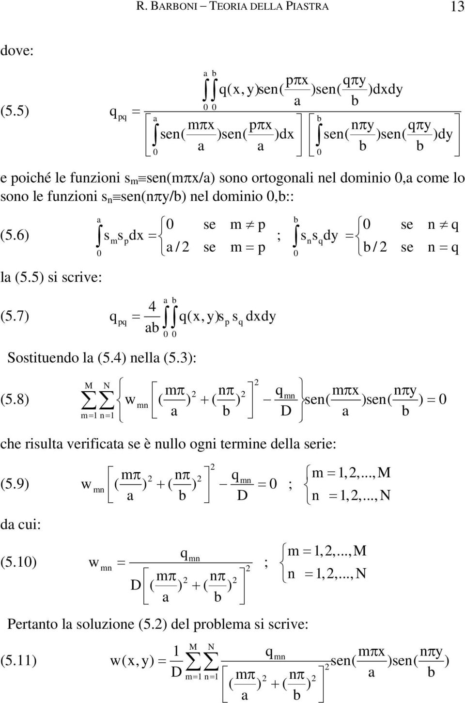 nel dominio,b:: (5.6) la (5.5) si scrive: (5.7) a b se m p se n q smspd = ; snsqd = a/ se m= p b/ se n= q q 4 a b = q(,)s s dd pq p q ab Sostituendo la (5.4) nella (5.3): N mπ nπ q mn mπ nπ (5.