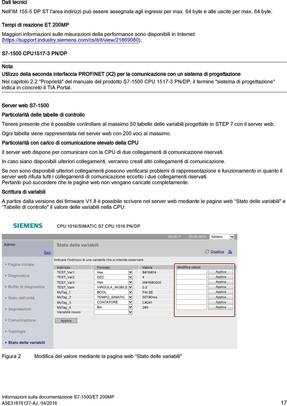 com/cs/it/it/view/21869080). S7-1500 CPU1517-3 PN/DP ta Utilizzo della seconda interfaccia PROFINET (X2) per la comunicazione con un sistema di progettazione Nel capitolo 2.