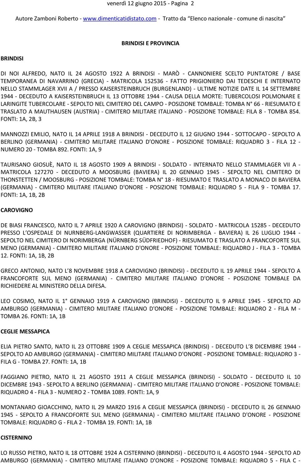 IL 13 OTTOBRE 1944 - CAUSA DELLA MORTE: TUBERCOLOSI POLMONARE E LARINGITE TUBERCOLARE - SEPOLTO NEL CIMITERO DEL CAMPO - POSIZIONE TOMBALE: TOMBA N 66 - RIESUMATO E TRASLATO A MAUTHAUSEN (AUSTRIA) -