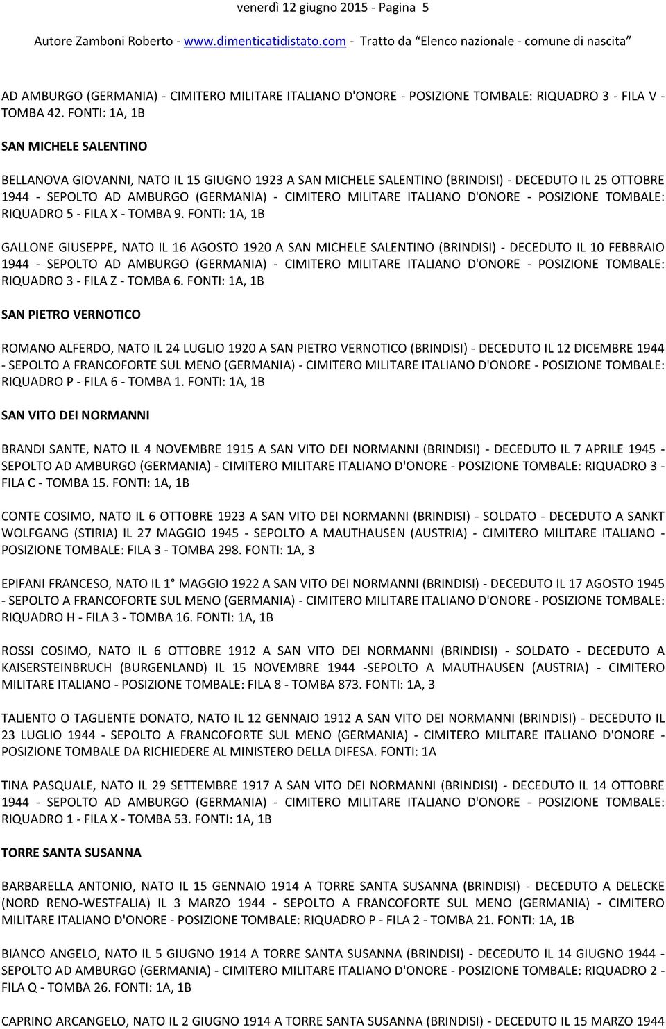 FONTI: 1A, 1B GALLONE GIUSEPPE, NATO IL 16 AGOSTO 1920 A SAN MICHELE SALENTINO (BRINDISI) - DECEDUTO IL 10 FEBBRAIO RIQUADRO 3 - FILA Z - TOMBA 6.