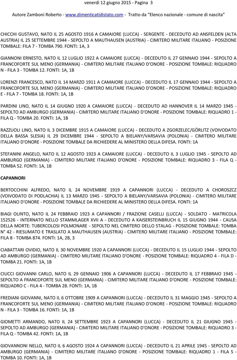 FONTI: 1A, 3 GIANNONI ERNESTO, NATO IL 12 LUGLIO 1922 A CAMAIORE (LUCCA) - DECEDUTO IL 27 GENNAIO 1944 - SEPOLTO A N - FILA 3 - TOMBA 12.