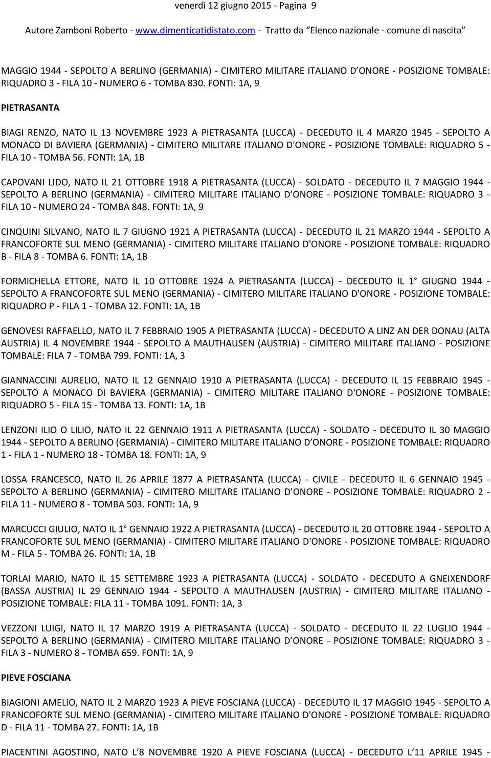 POSIZIONE TOMBALE: RIQUADRO 5 - FILA 10 - TOMBA 56.