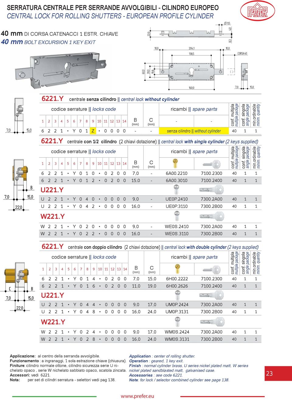 Y centrale senza cilindro central lock without cylinder - - 6 2 2 1 Y 0 1 Z 0 0 0 0 - - senza cilindro without cylinder 40 1 1 6221.