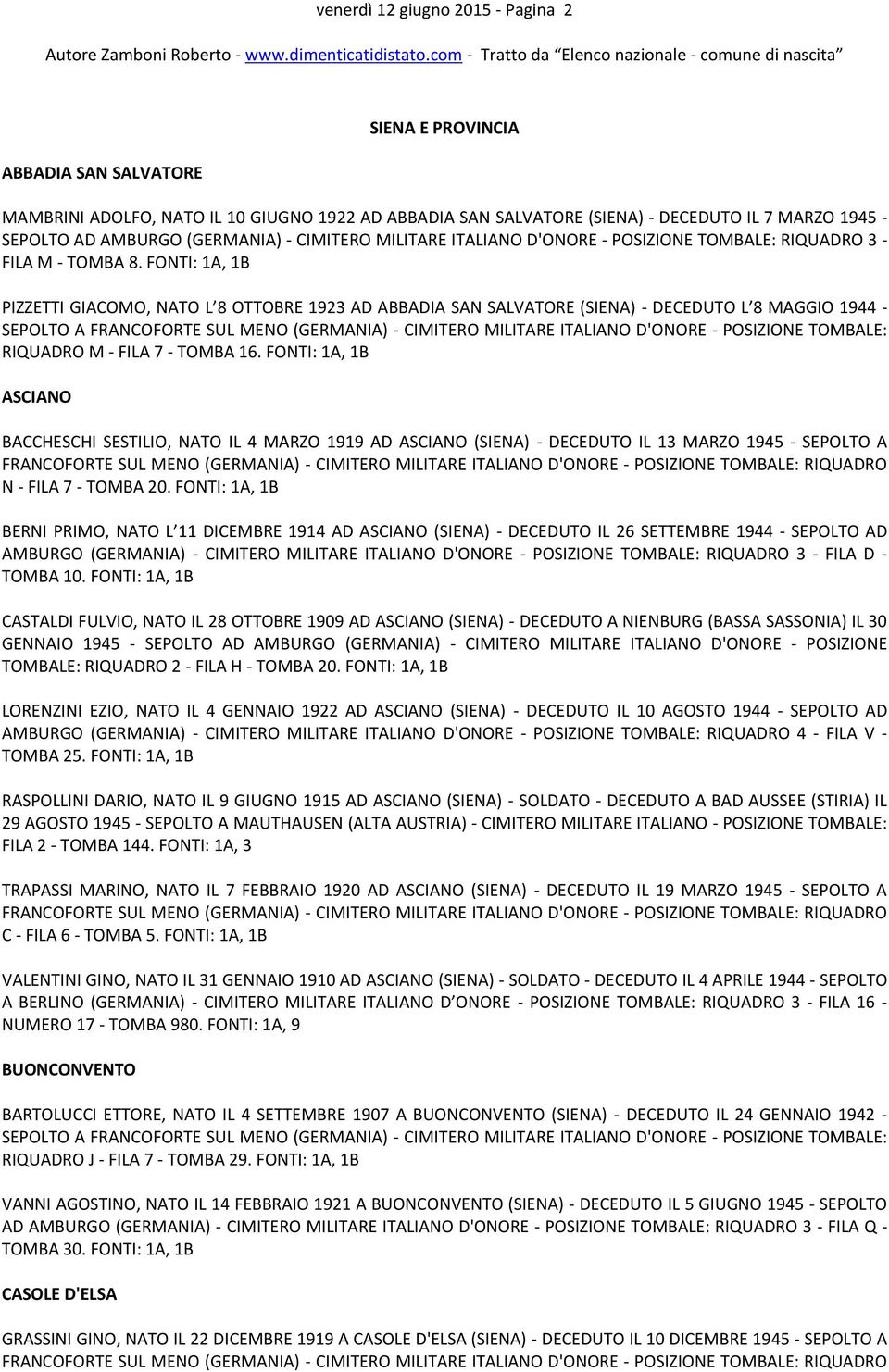 FONTI: 1A, 1B PIZZETTI GIACOMO, NATO L 8 OTTOBRE 1923 AD ABBADIA SAN SALVATORE (SIENA) - DECEDUTO L 8 MAGGIO 1944 - SEPOLTO RIQUADRO M - FILA 7 - TOMBA 16.