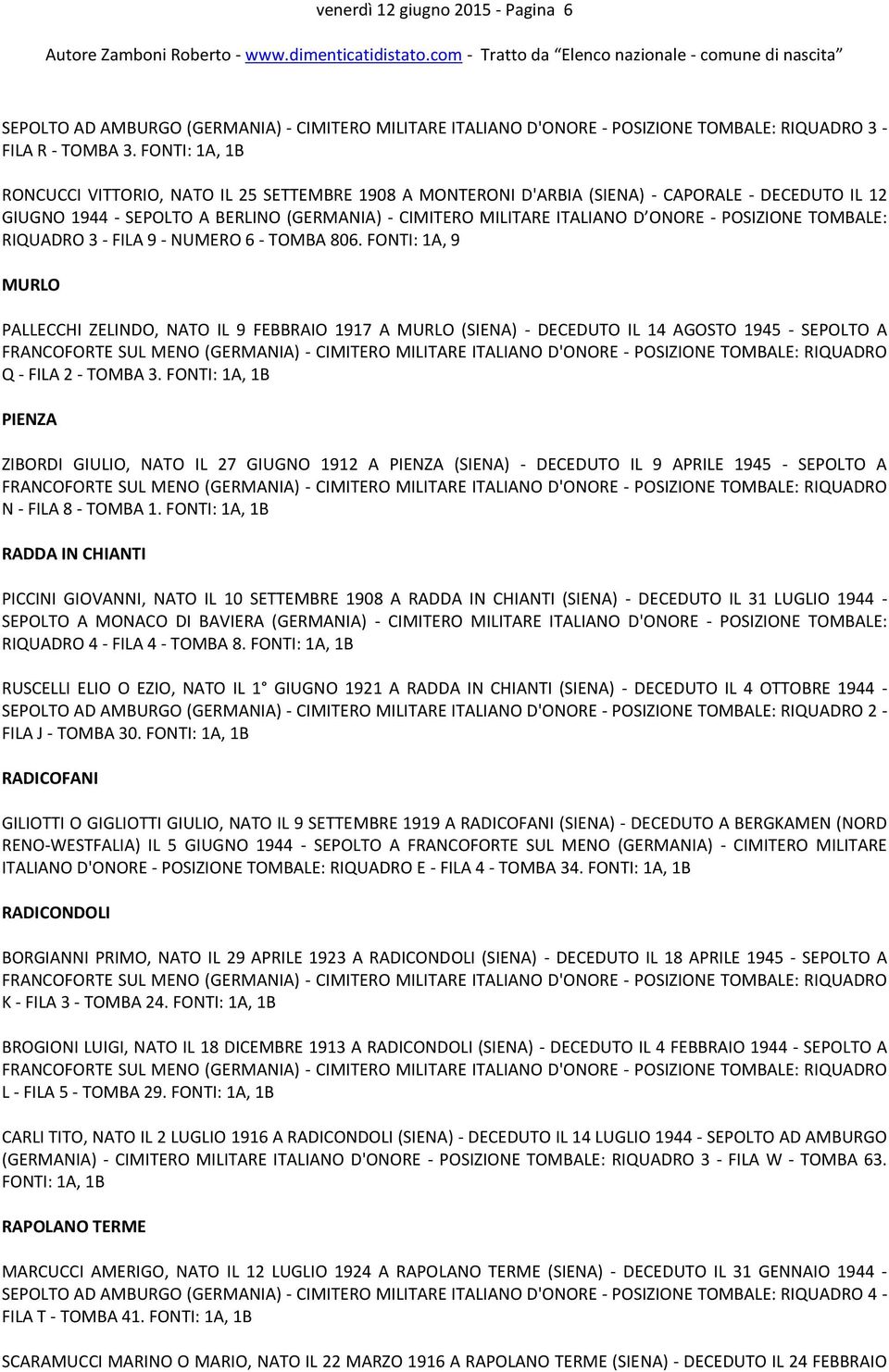 POSIZIONE TOMBALE: RIQUADRO 3 - FILA 9 - NUMERO 6 - TOMBA 806.