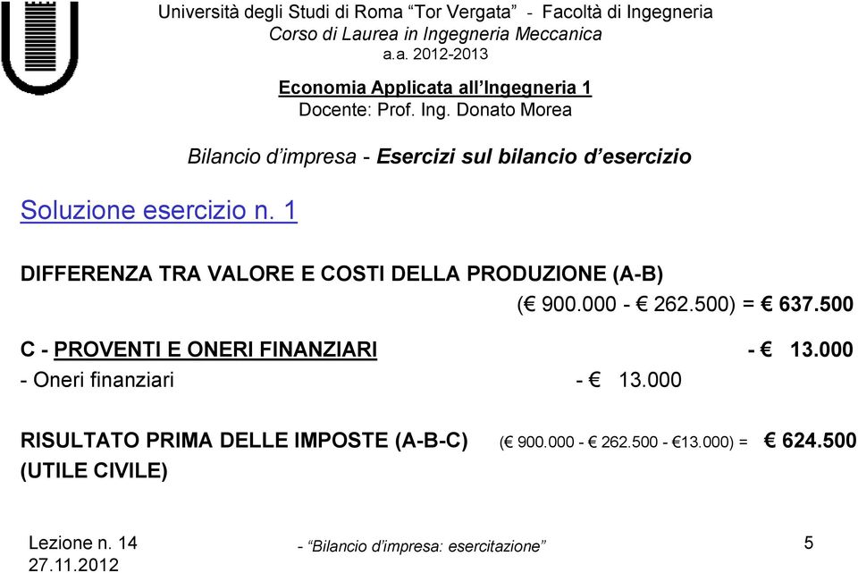 DELLA PRODUZIONE (A-B) ( 900.000-262.500) = 637.500 C - PROVENTI E ONERI FINANZIARI - 13.