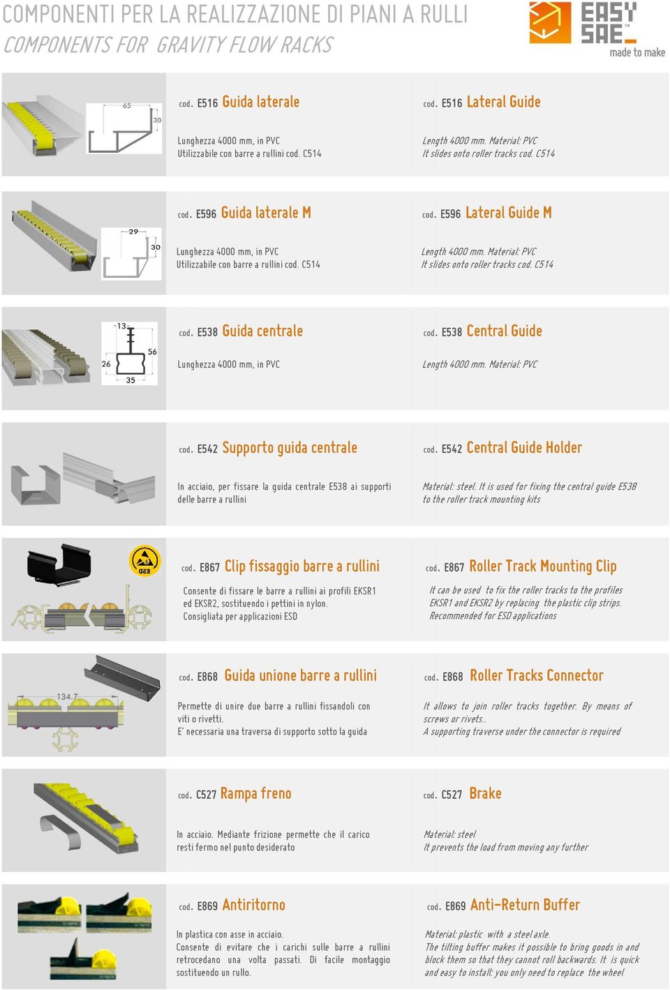 C514 Length 4000 mm. Material: PVC It slides onto roller tracks cod. C514 cod. E538 Guida centrale Lunghezza 4000 mm, in PVC cod. E538 Central Guide Length 4000 mm. Material: PVC cod.