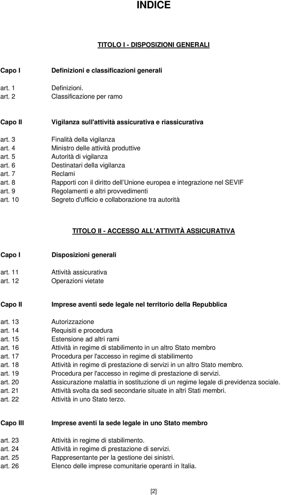 dell Unione europea e integrazione nel SEVIF Regolamenti e altri provvedimenti Segreto d'ufficio e collaborazione tra autorità TITOLO II - ACCESSO ALL'ATTIVITÀ ASSICURATIVA Capo I art. 11 art.