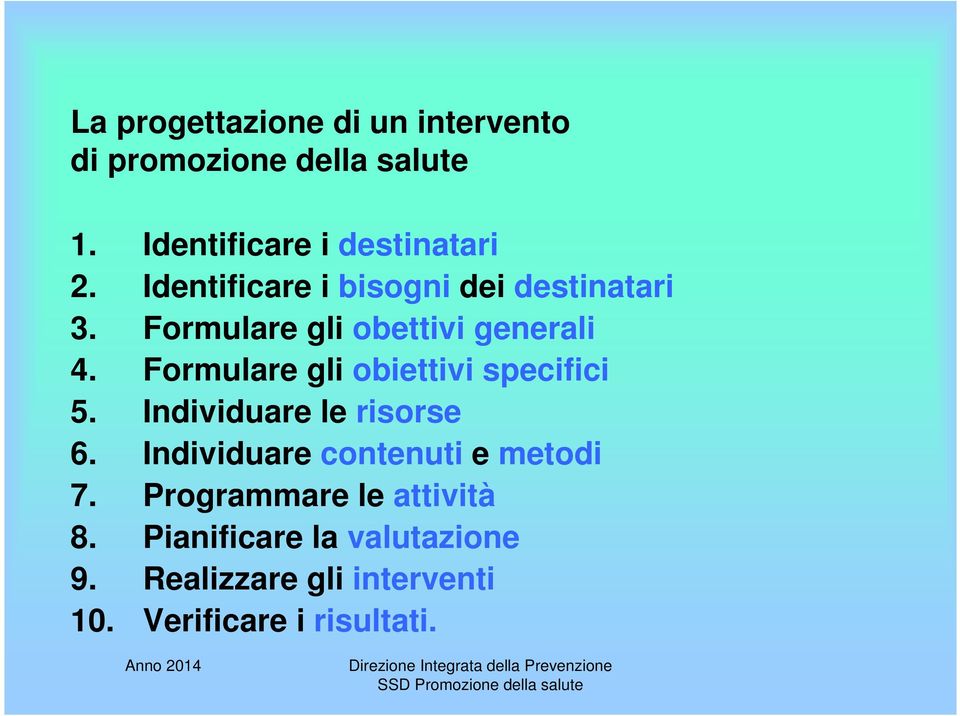 Formulare gli obiettivi specifici 5. Individuare le risorse 6.