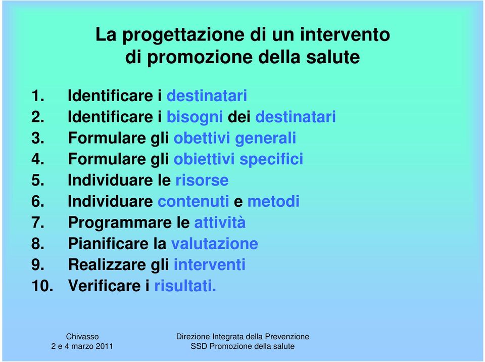 Formulare gli obiettivi specifici 5. Individuare le risorse 6.