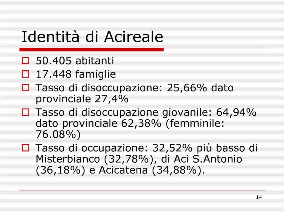 disoccupazione giovanile: 64,94% dato provinciale 62,38% (femminile: 76.