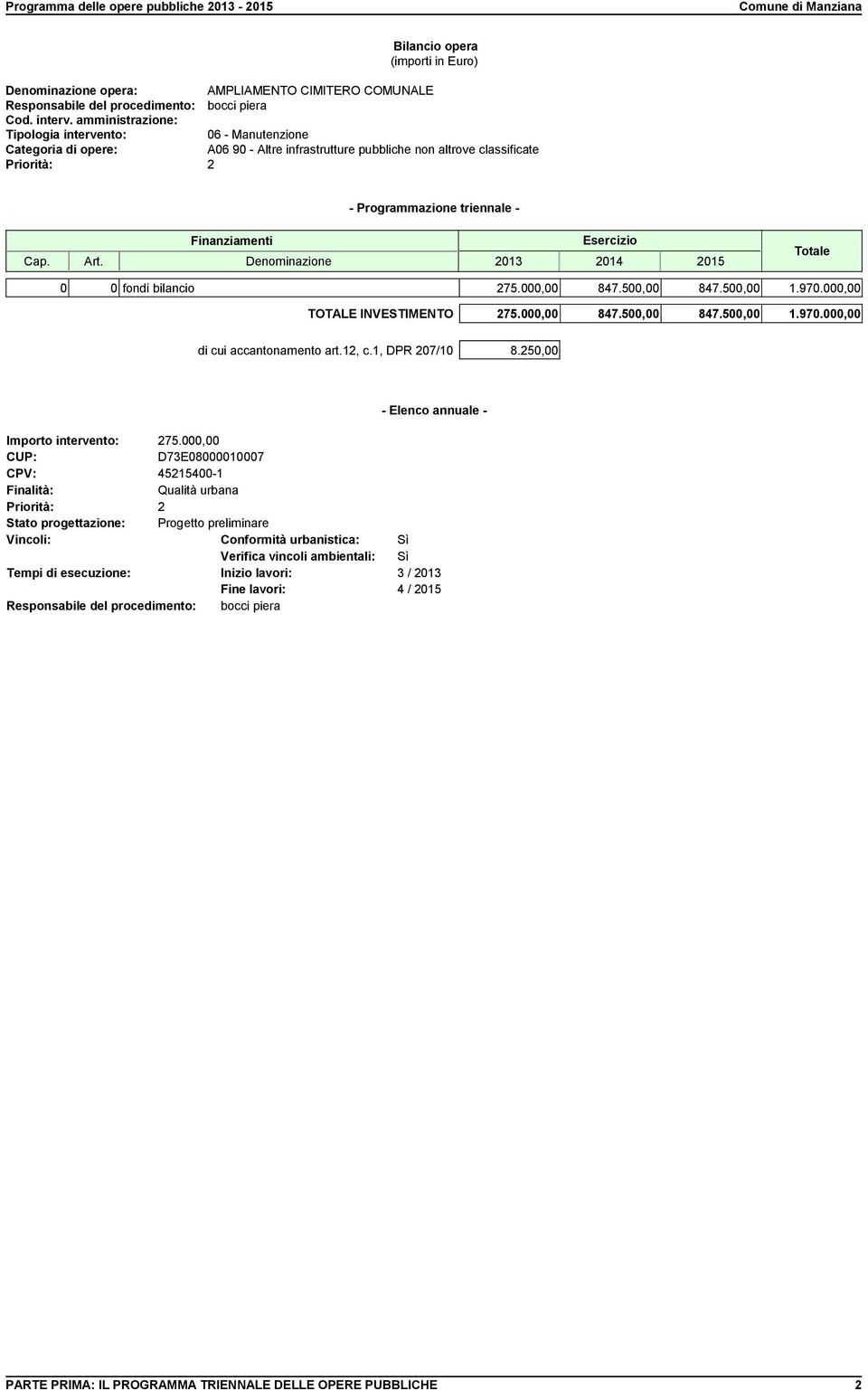 250,00 - Elenco annuale - Importo intervento: 275.