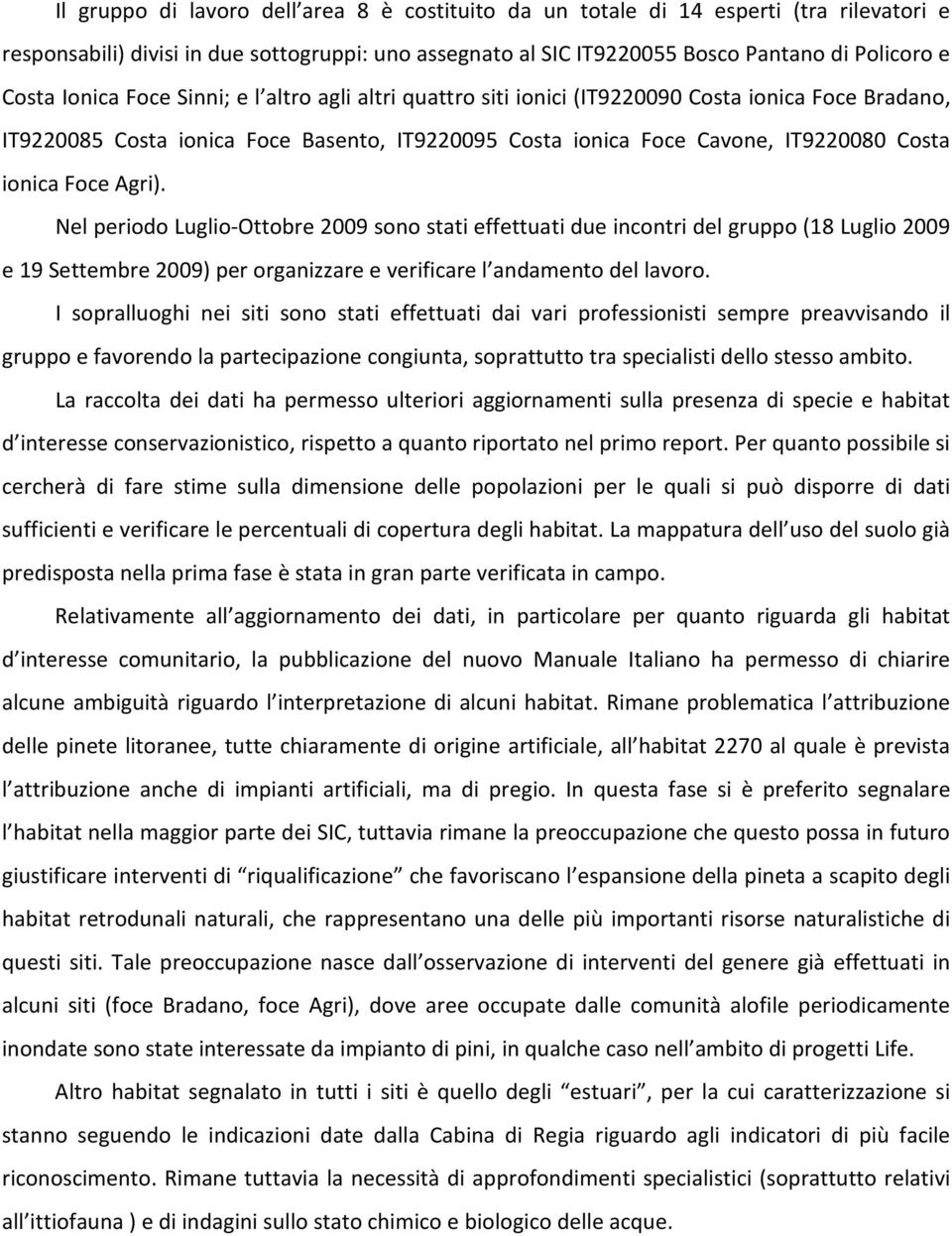 ). Nel periodo Luglio-Ottobre 2009 sono stati effettuati due incontri del gruppo (18 Luglio 2009 e 19 Settembre 2009) per organizzare e verificare l andamento del lavoro.