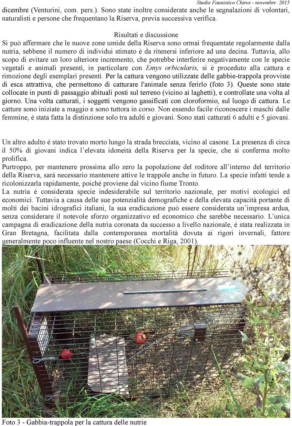 Risultati e discussione Si può affermare che le nuove zone umide della Riserva sono ormai frequentate regolarmente dalla nutria, sebbene il numero di individui stimato è da ritenersi inferiore ad una