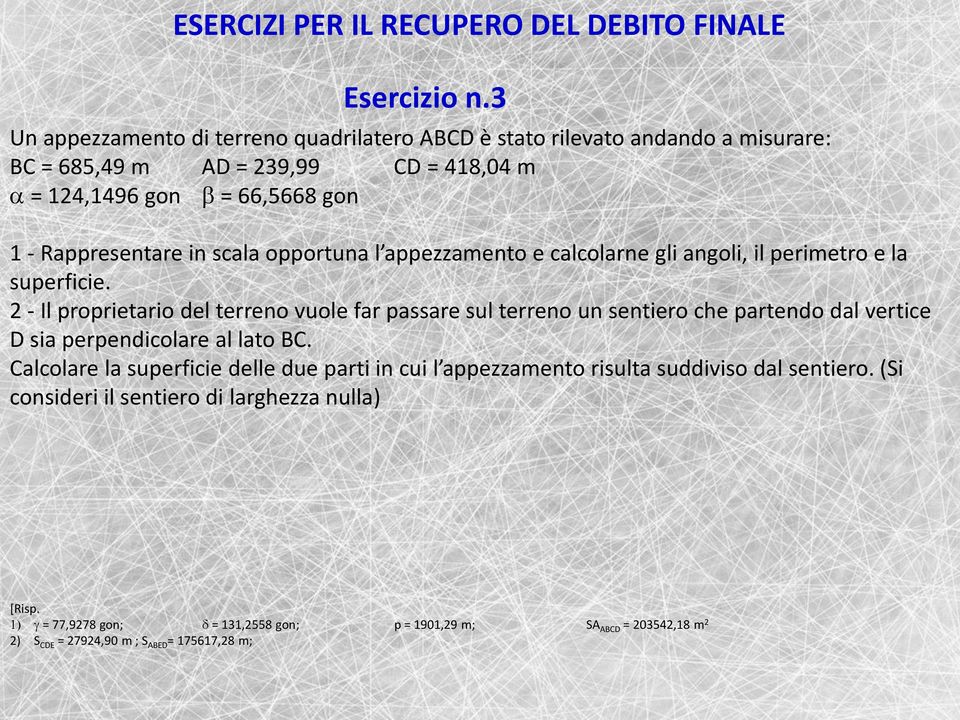 Rappresentare in scala opportuna l appezzamento e calcolarne gli angoli, il perimetro e la superficie.