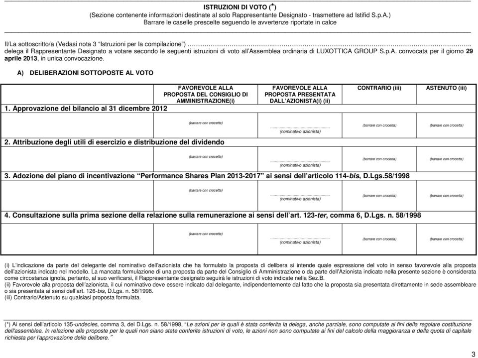 ...... delega il Rappresentante Designato a votare secondo le seguenti istruzioni di voto all Assemblea ordinaria di LUXOTTICA GROUP S.p.A. convocata per il giorno 29 aprile 2013, in unica convocazione.