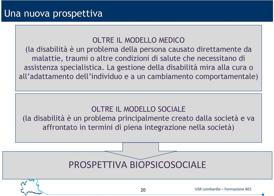 La gestione della disabilità mira alla cura o all adattamento dell individuo e a un cambiamento comportamentale) OLTRE IL MODELLO