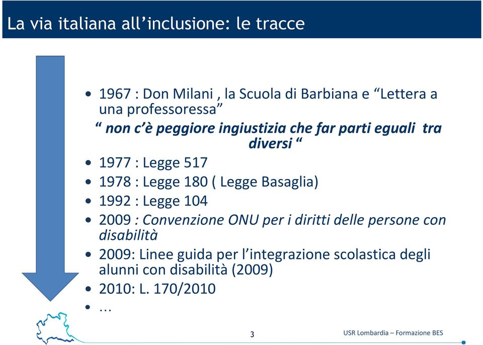 ( Legge Basaglia) 1992 : Legge 104 2009 : Convenzione ONU per i diritti delle persone con disabilità 2009: