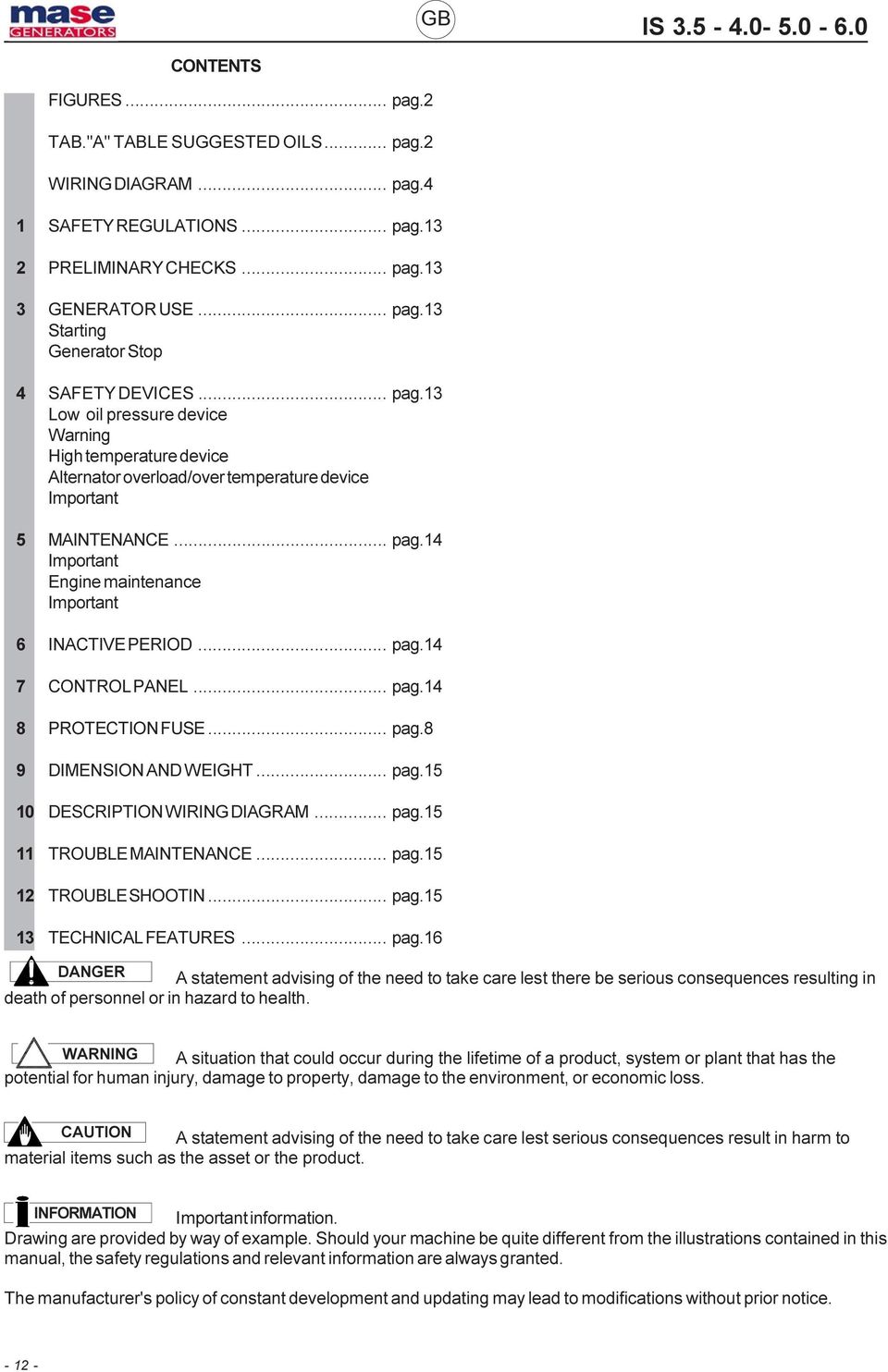 .. pag.14 7 CONTROL PANEL... pag.14 8 PROTECTION FUSE... pag.8 9 DIMENSION AND WEIGHT... pag.15 10 DESCRIPTION WIRING DIAGRAM... pag.15 11 TROUBLE MAINTENANCE... pag.15 12 TROUBLE SHOOTIN... pag.15 13 TECHNICAL FEATURES.