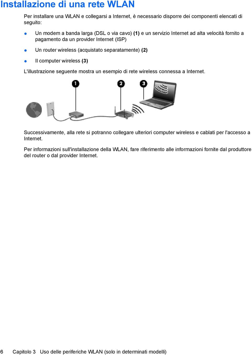 mostra un esempio di rete wireless connessa a Internet. Successivamente, alla rete si potranno collegare ulteriori computer wireless e cablati per l'accesso a Internet.