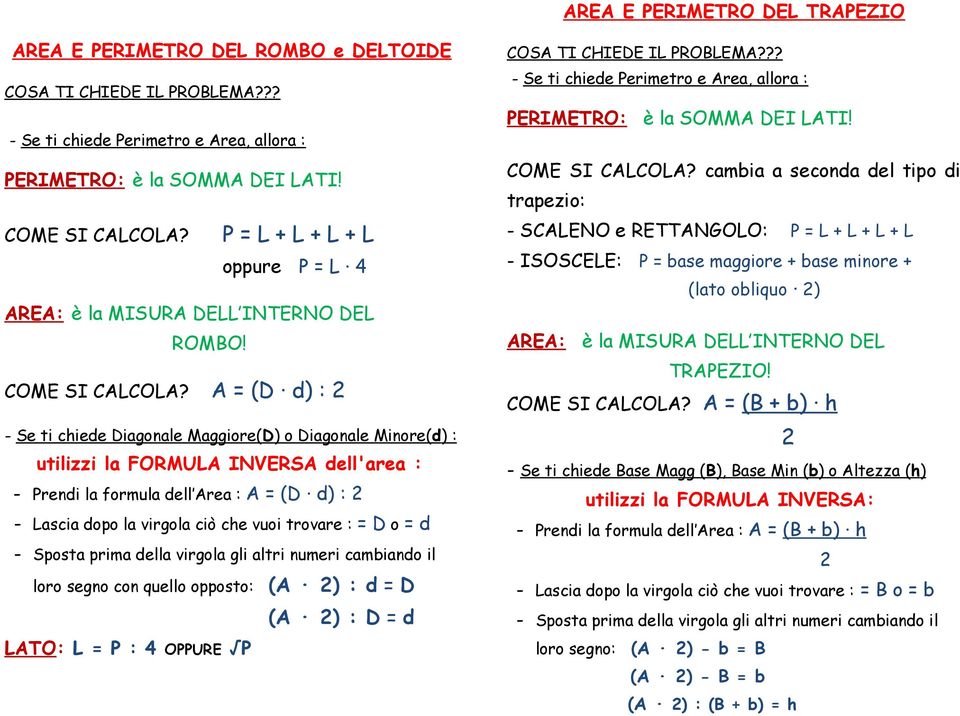 A = (D d) : 2 - Se ti chiede Diagonale Maggiore(D) o Diagonale Minore(d) : utilizzi la FORMULA INVERSA dell'area : - Prendi la formula dell Area : A = (D d) : 2 - Lascia dopo la virgola ciò che vuoi