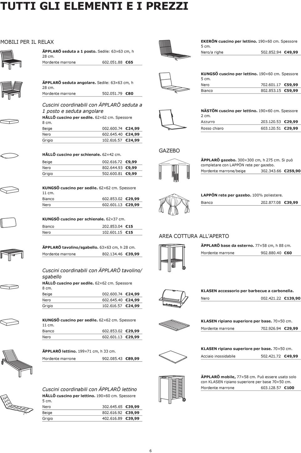 15 59,99 Cuscini coordinabili con ÄPPLARÖ seduta a 1 posto e seduta angolare HÅLLÖ cuscino per sedile. 62 62 cm. Spessore 8 cm. Beige 002.600.74 24,99 Nero 602.645.40 24,99 Grigio 102.616.