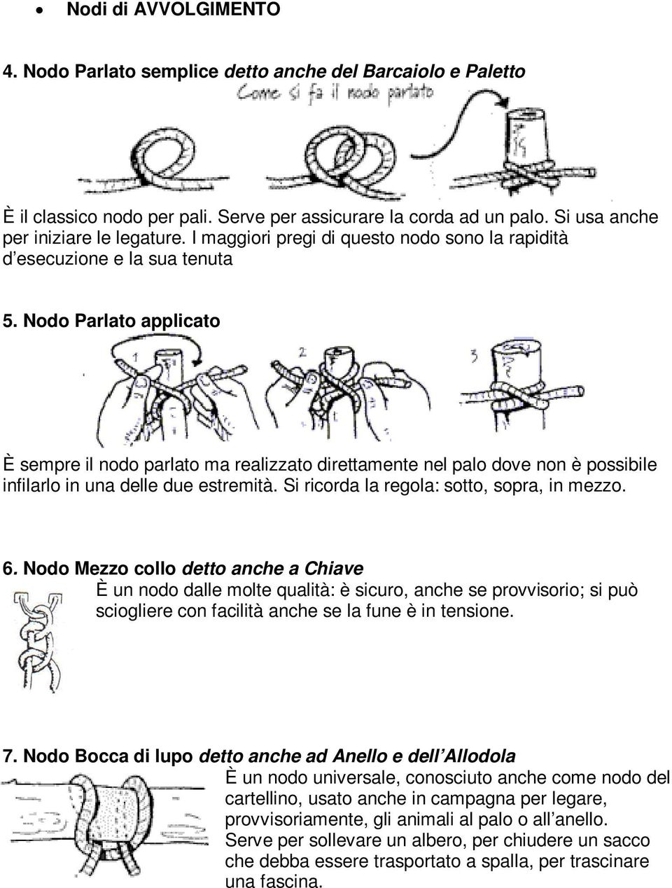 Nodo Parlato applicato È sempre il nodo parlato ma realizzato direttamente nel palo dove non è possibile infilarlo in una delle due estremità. Si ricorda la regola: sotto, sopra, in mezzo. 6.