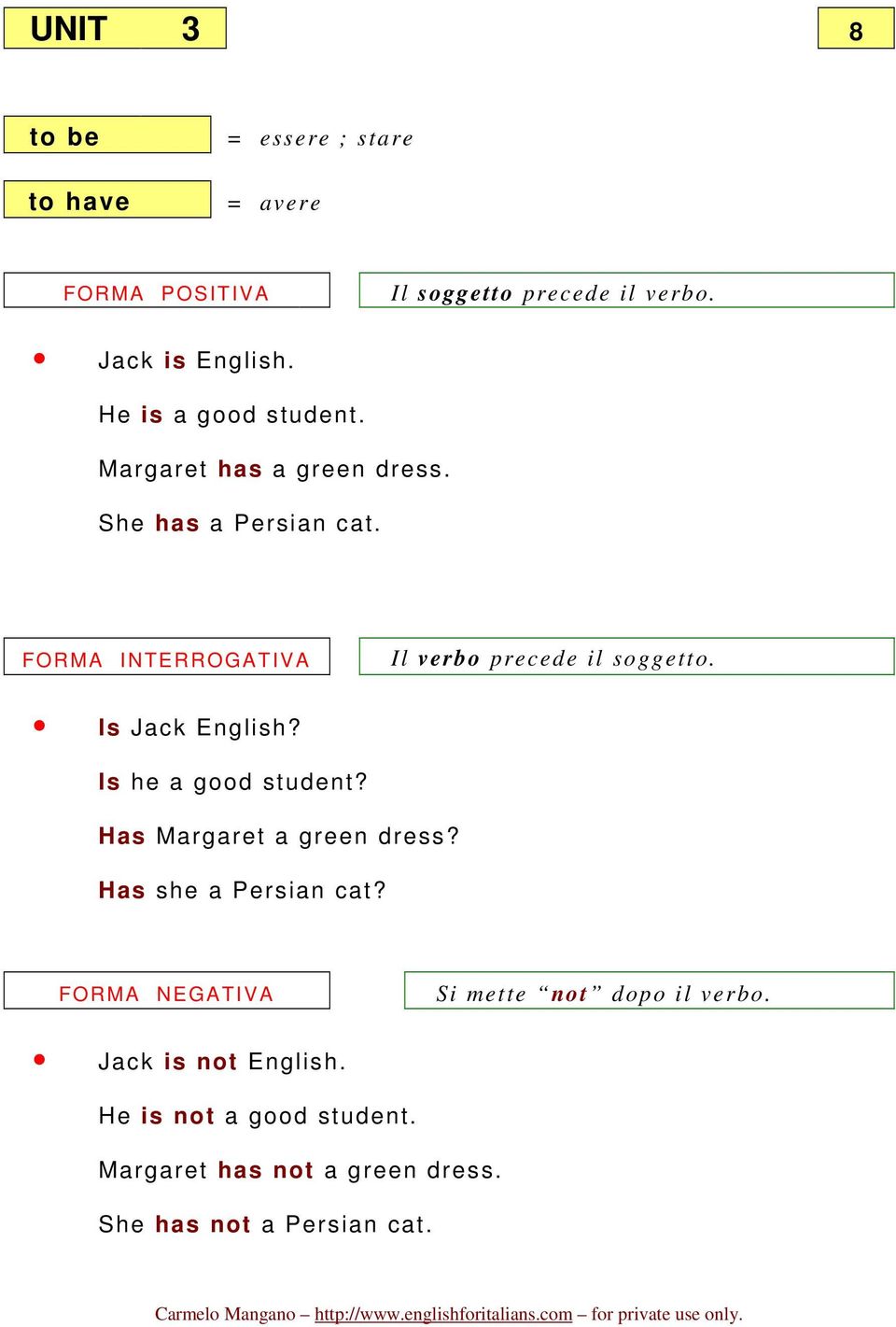 FORMA INTERROGATIVA Il verbo precede il soggetto. Is Jack English? Is he a good student? Has a green dress?
