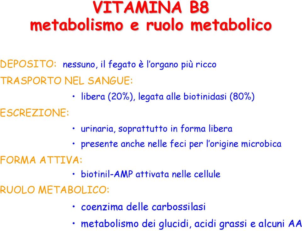 in forma libera presente anche nelle feci per l origine microbica FORMA ATTIVA: biotinil-amp