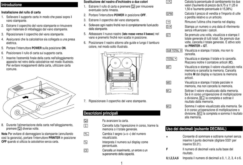 Assicurarsi che la calcolatrice sia collegata a una presa elettrica. 5. Portare l'interruttore POWER sulla posizione ON. 6. Posizionare il rullo di carta sul supporto carta. 7.