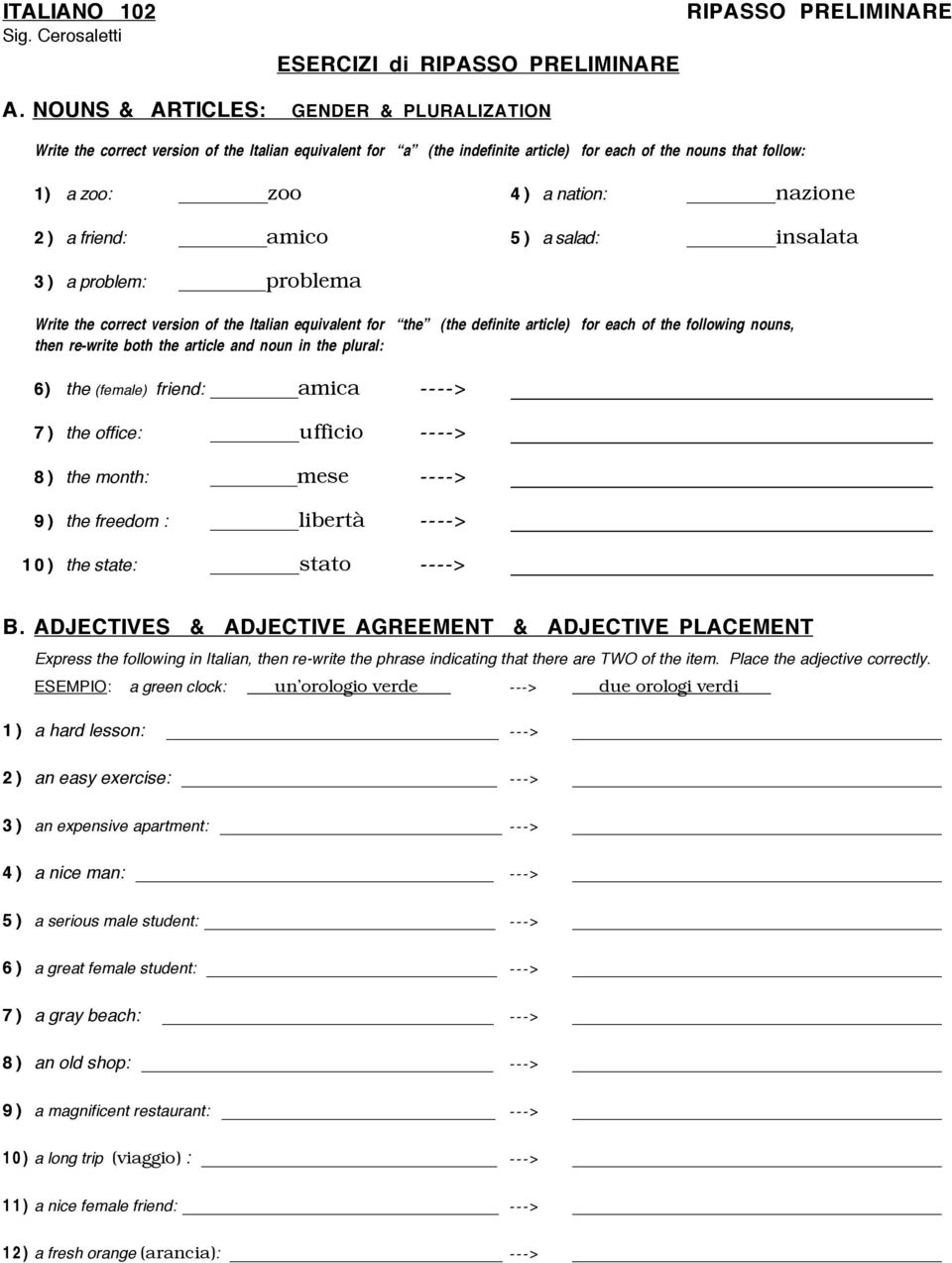 friend: amico 5) a salad: insalata 3) a problem: problema Write the correct version of the Italian equivalent for the (the definite article) for each of the following nouns, then re-write both the