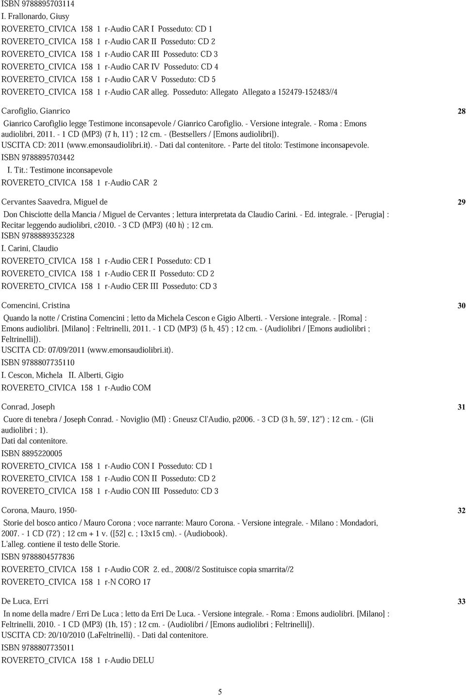 CAR IV Posseduto: CD 4 ROVERETO_CIVICA 158 r-audio CAR V Posseduto: CD 5 ROVERETO_CIVICA 158 1 r-audio CAR alleg.