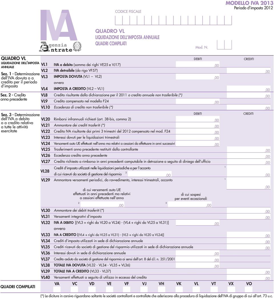 - Determinazione dell IVA a debito VL0 o a credito relativa a tutte le attività VL esercitate VL VL VL VL VL6 QUADRI COMPILATI VL7 VL VL9 VL0 VL VL VL VL VL VL6 VL7 VL VL9 VL0 IVA a debito (somma dei