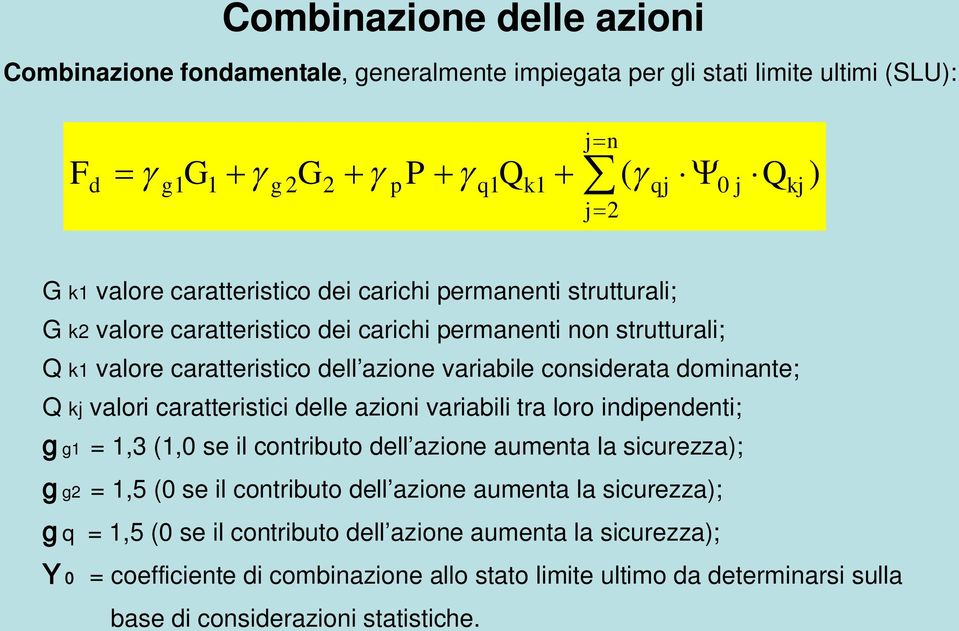 caratteristici delle azioni variabili tra loro indipendenti; gg1 = 1,3 (1,0 se il contributo dell azione aumenta la sicurezza); gg = 1,5 (0 se il contributo dell azione aumenta la