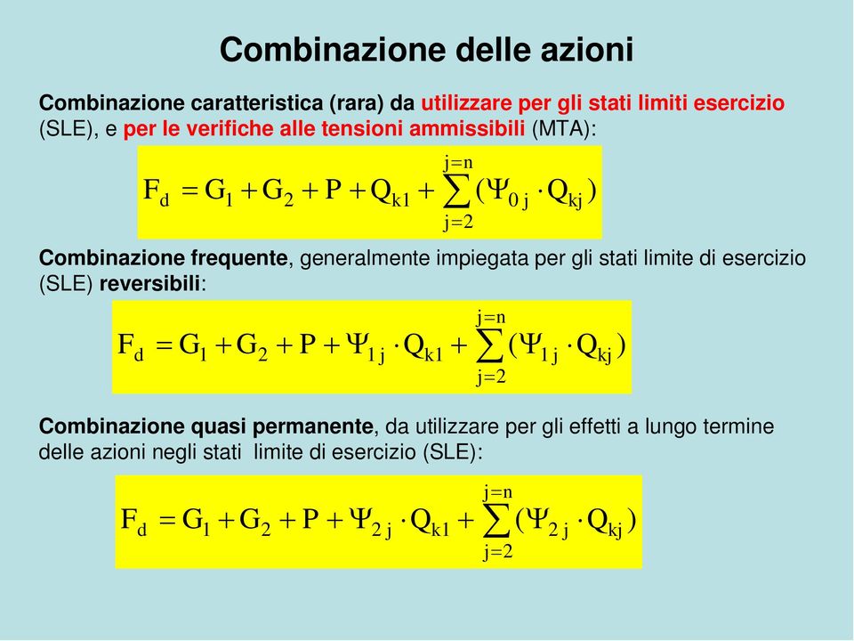 esercizio (SLE) reversibili: ) ( 0 1 1 n k k d Q Q P G G F ) ( 1 1 1 1 n k k d Q Q P G G F Combinazione quasi