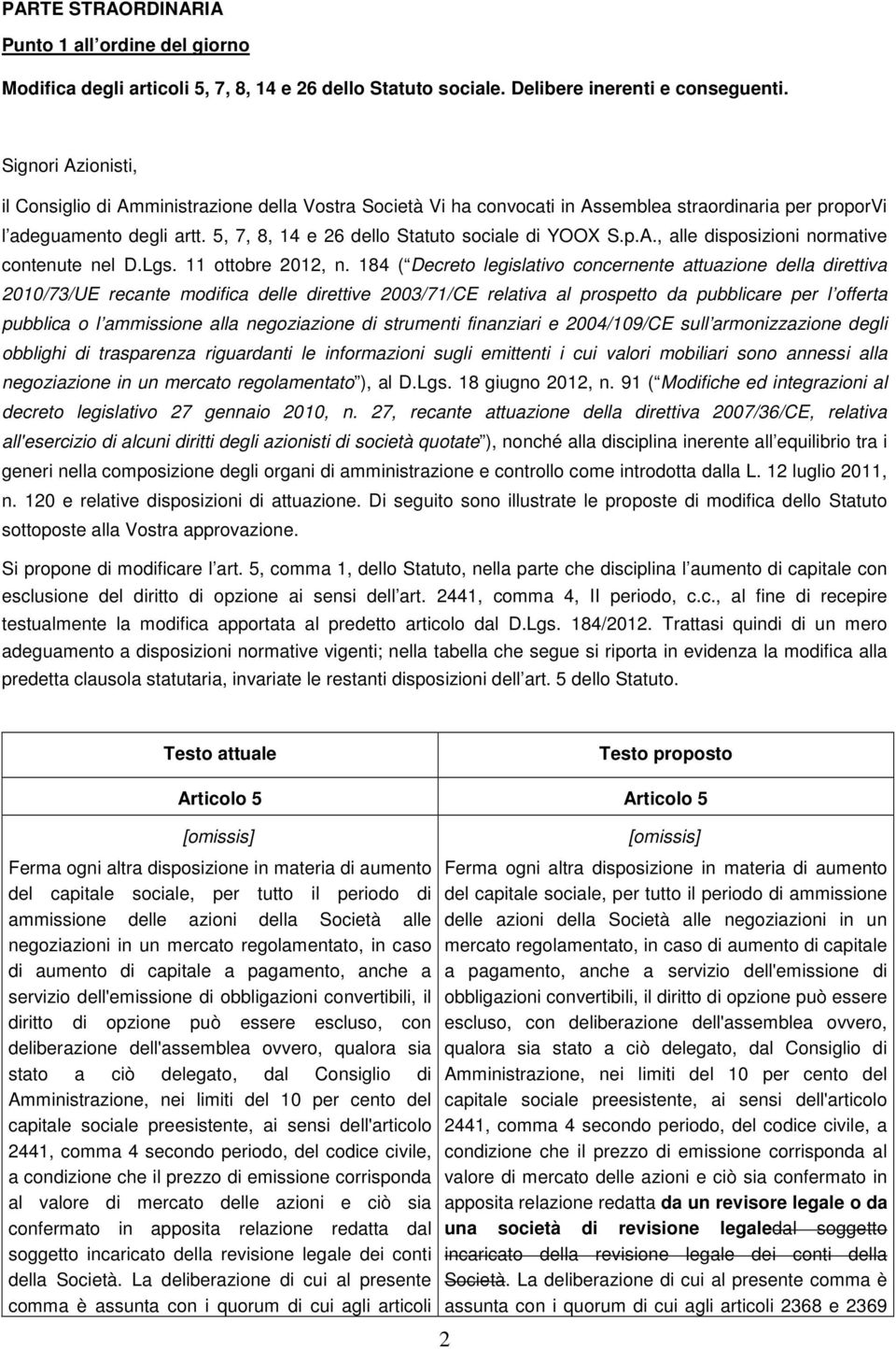 5, 7, 8, 14 e 26 dello Statuto sociale di YOOX S.p.A., alle disposizioni normative contenute nel D.Lgs. 11 ottobre 2012, n.