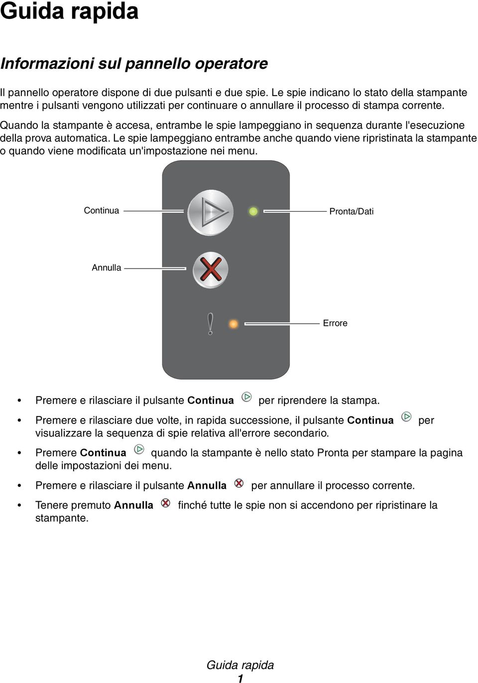 Quando la stampante è accesa, entrambe le spie lampeggiano in sequenza durante l'esecuzione della prova automatica.