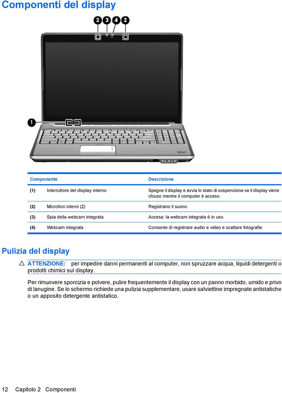 Pulizia del display ATTENZIONE: per impedire danni permanenti al computer, non spruzzare acqua, liquidi detergenti o prodotti chimici sul display.