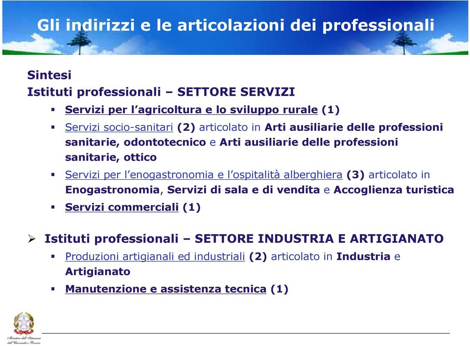 enogastronomia e l ospitalità alberghiera (3) articolato in Enogastronomia, Servizi di sala e di vendita e Accoglienza turistica Servizi commerciali (1)