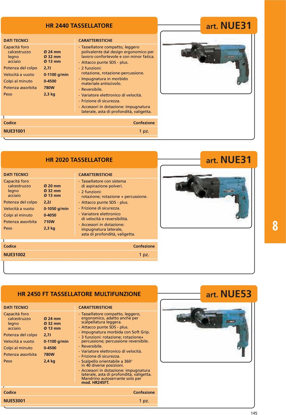 ergonomico per lavoro confortevole e con minor fatica. - Attacco punte SDS - plus. - 2 funzioni: rotazione, rotazione-percussione. - Impugnatura in morbido materiale antiscivolo. - Reversibile.