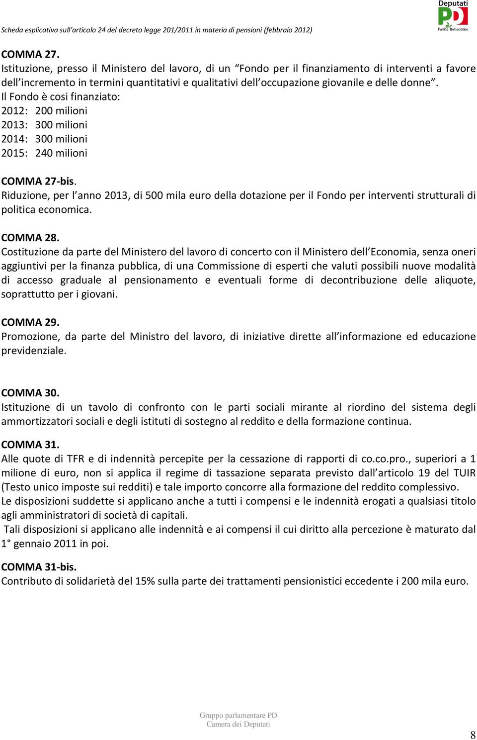 Il Fondo è cosi finanziato: 2012: 200 milioni 2013: 300 milioni 2014: 300 milioni 2015: 240 milioni COMMA 27-bis.